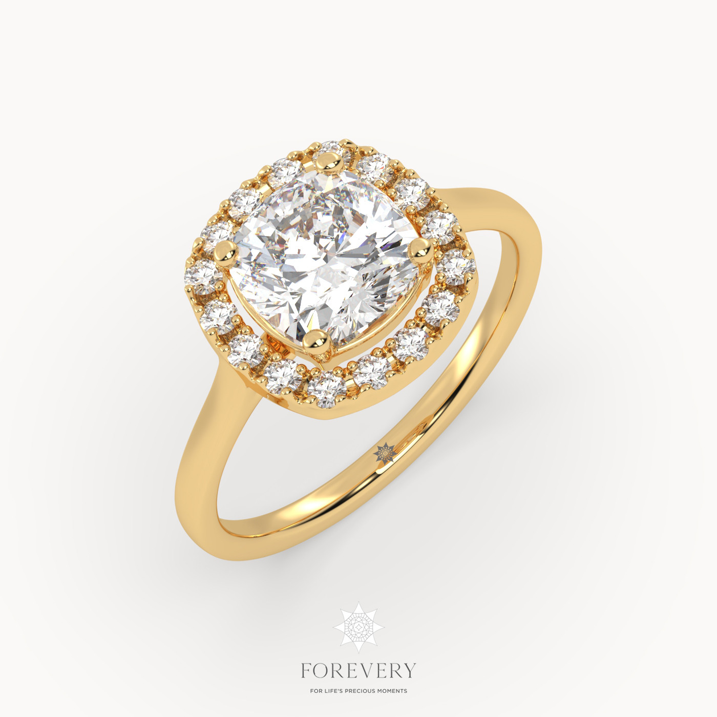 18K YELLOW GOLD Cushion Cut Halo Diamond Engagement Ring with Plain Band