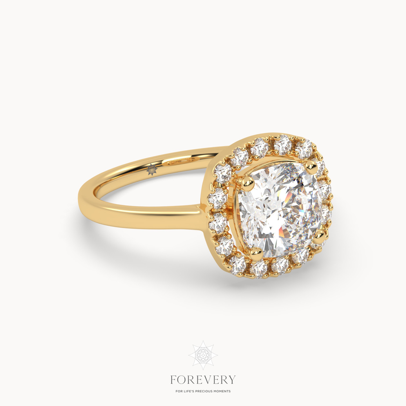 18K YELLOW GOLD Cushion Cut Halo Diamond Engagement Ring with Plain Band