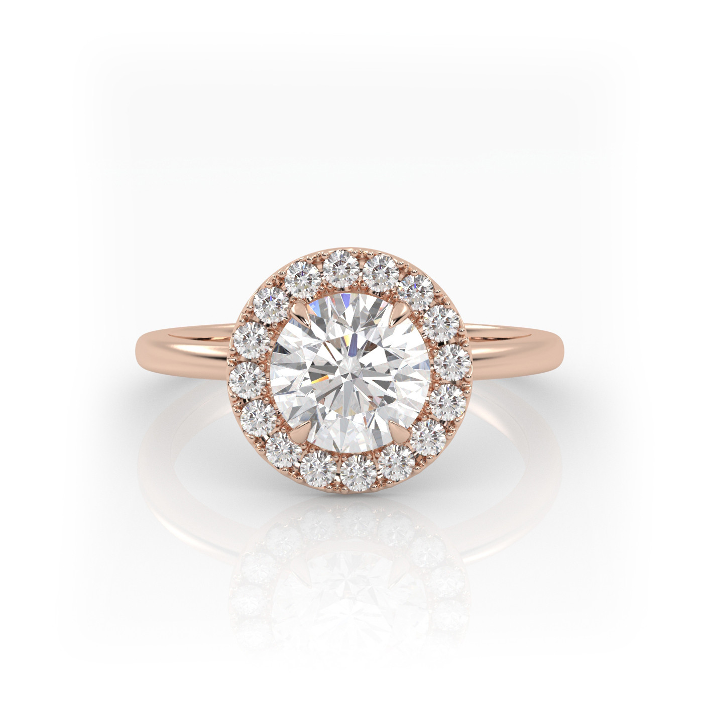 18K ROSE GOLD Round Diamond Cut Engagement Ring with Halo Style