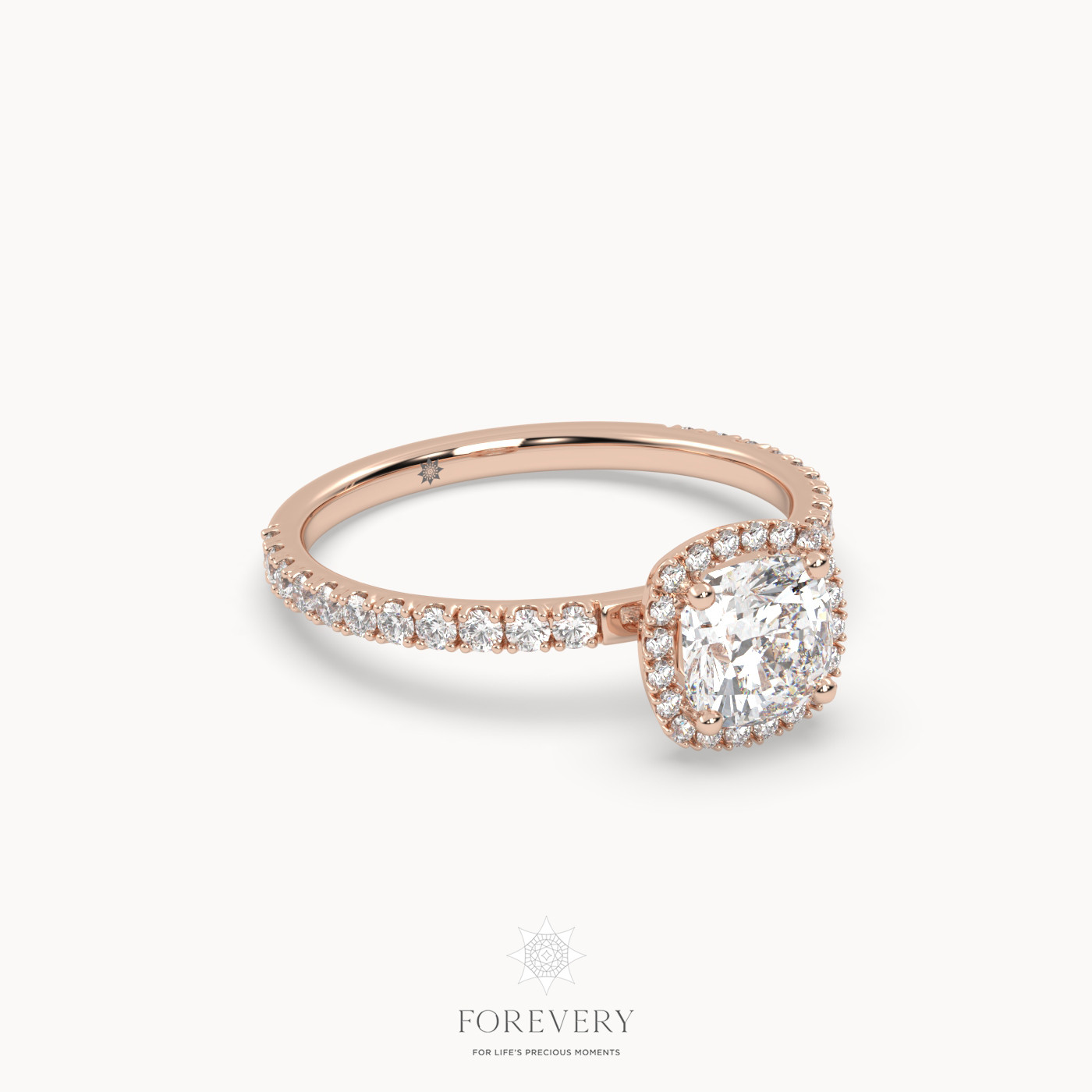 18K ROSE GOLD Halo Cushion Cut Diamond Engagement Ring with Half Diamond Band
