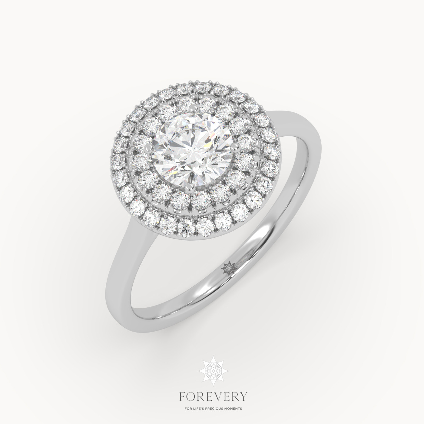 18K WHITE GOLD Vintage Round Diamond Double Halo Engagement Ring