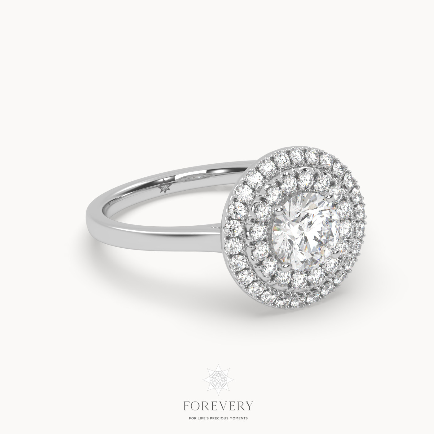 18K WHITE GOLD Vintage Round Diamond Double Halo Engagement Ring