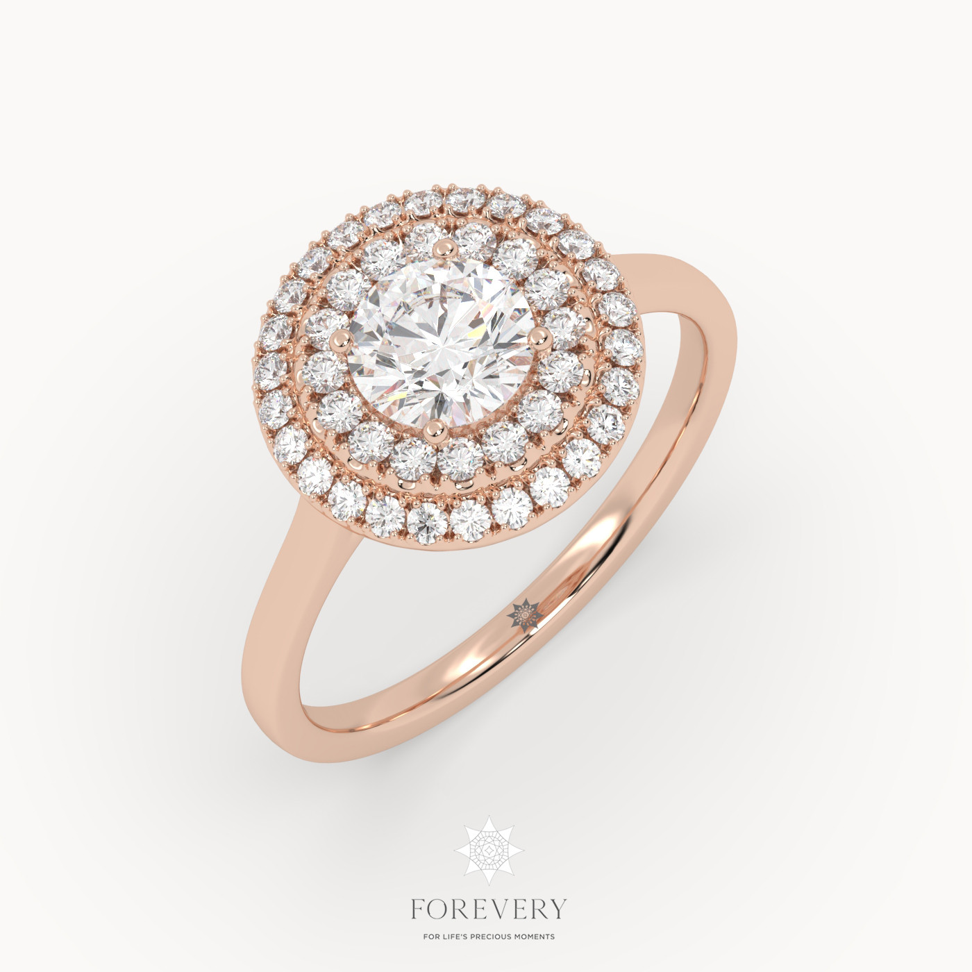 18K ROSE GOLD Vintage Round Diamond Double Halo Engagement Ring