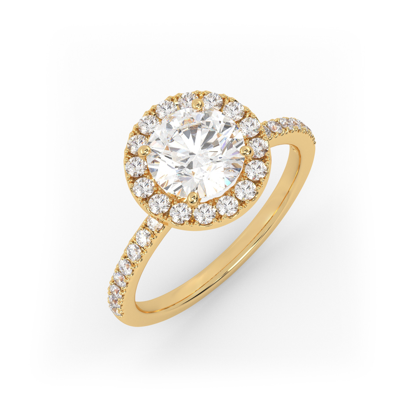 18K YELLOW GOLD Round Cut Diamond Engagement Ring with Halo and Pave style