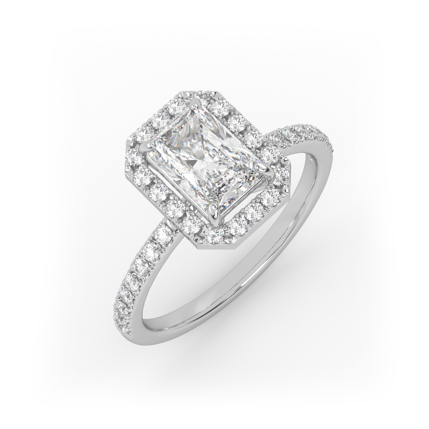 18K WHITE GOLD Radiant Cut Diamond engagement Ring with Halo and Pave style