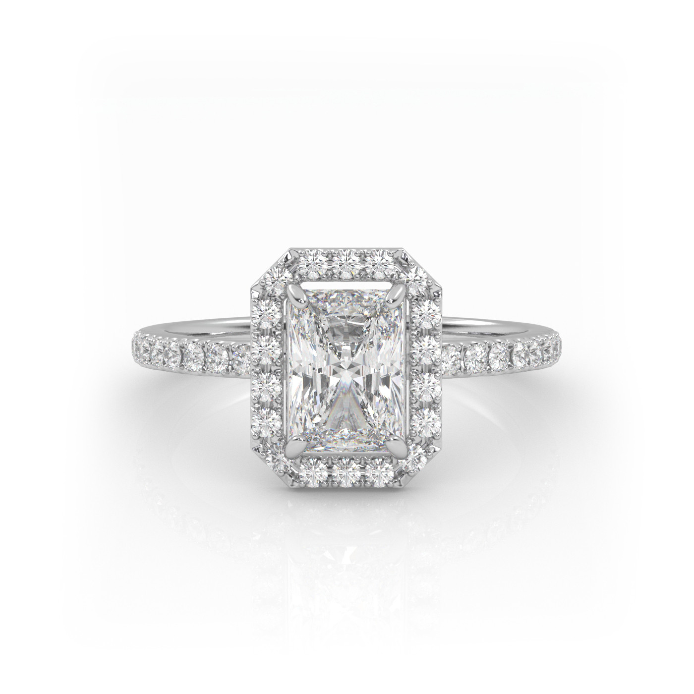 18K WHITE GOLD Radiant Cut Diamond engagement Ring with Halo and Pave style