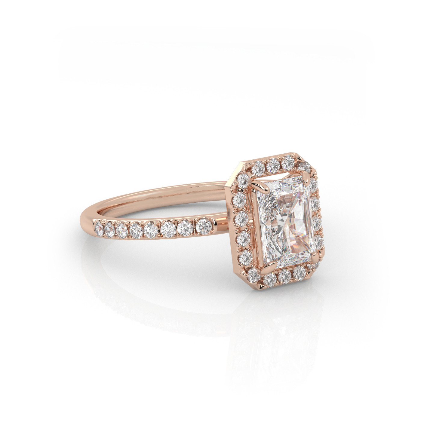 18K ROSE GOLD Radiant Cut Diamond engagement Ring with Halo and Pave style