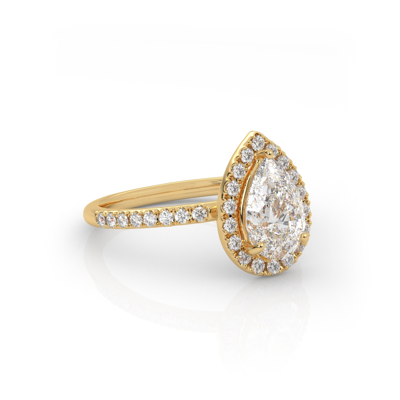 18K YELLOW GOLD Pear Shaped Diamond Engagament Ring with Halo and Pave style