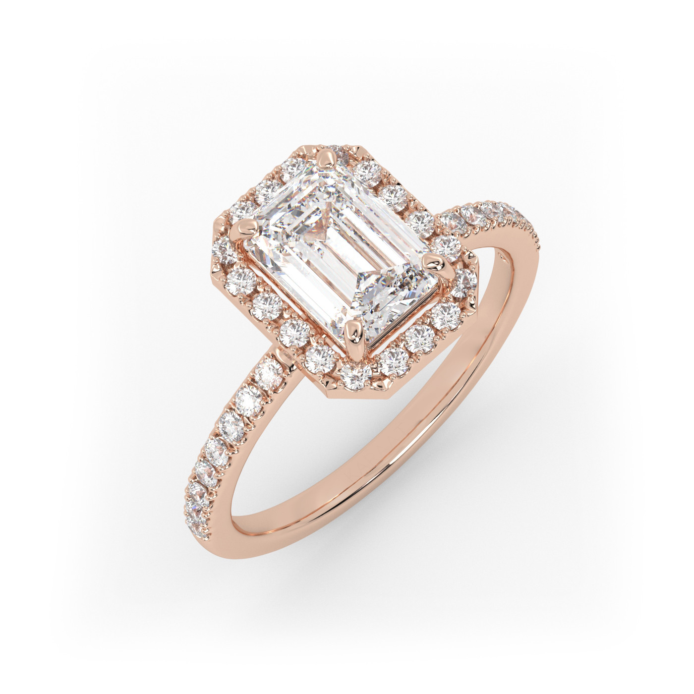 18K ROSE GOLD Emerald Diamond Engagement Ring With Pave and Halo Style