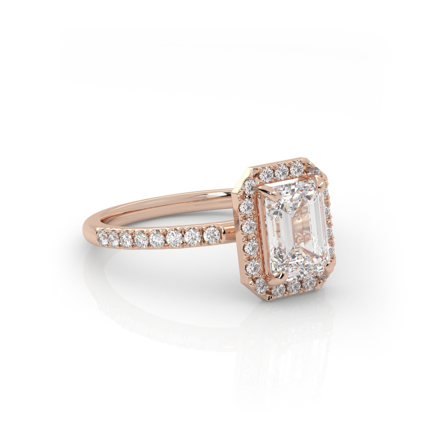 18K ROSE GOLD Emerald Diamond Engagement Ring With Pave and Halo Style