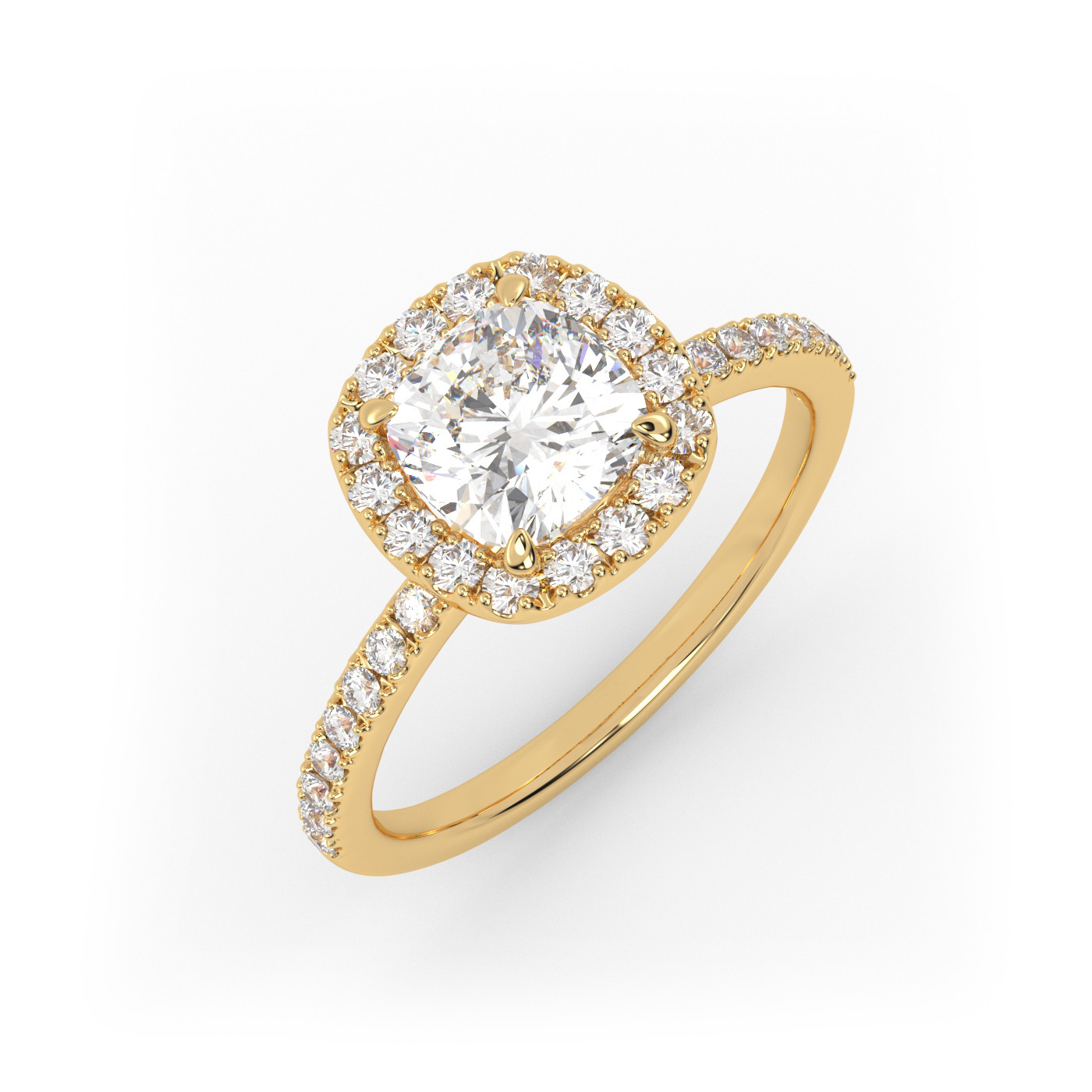 18K YELLOW GOLD Cushion Diamond Engagement Ring With Pave and Halo Style