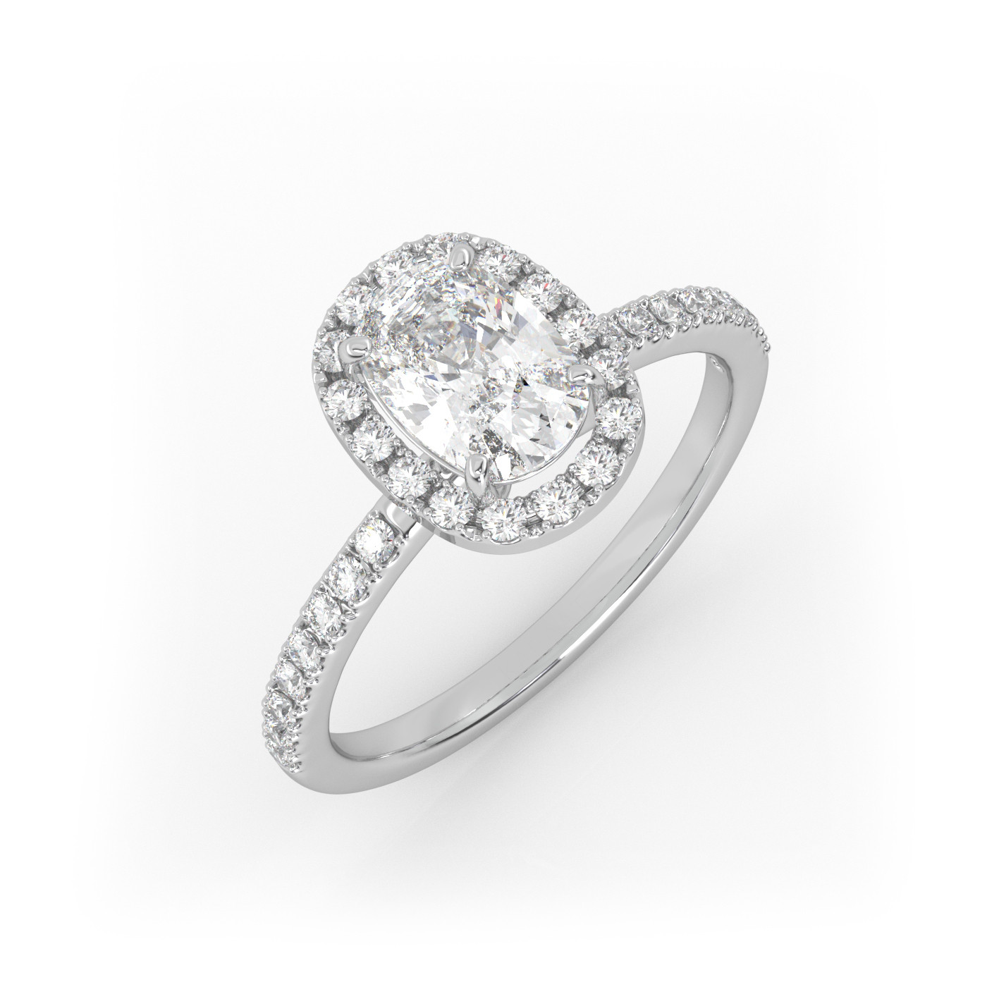 18K WHITE GOLD Elongated Cushion Diamond Engagement Ring With Pave and Halo Style
