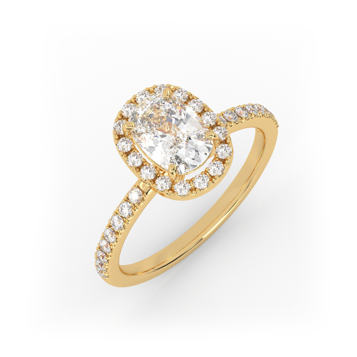 18K YELLOW GOLD Elongated Cushion Diamond Engagement Ring With Pave and Halo Style