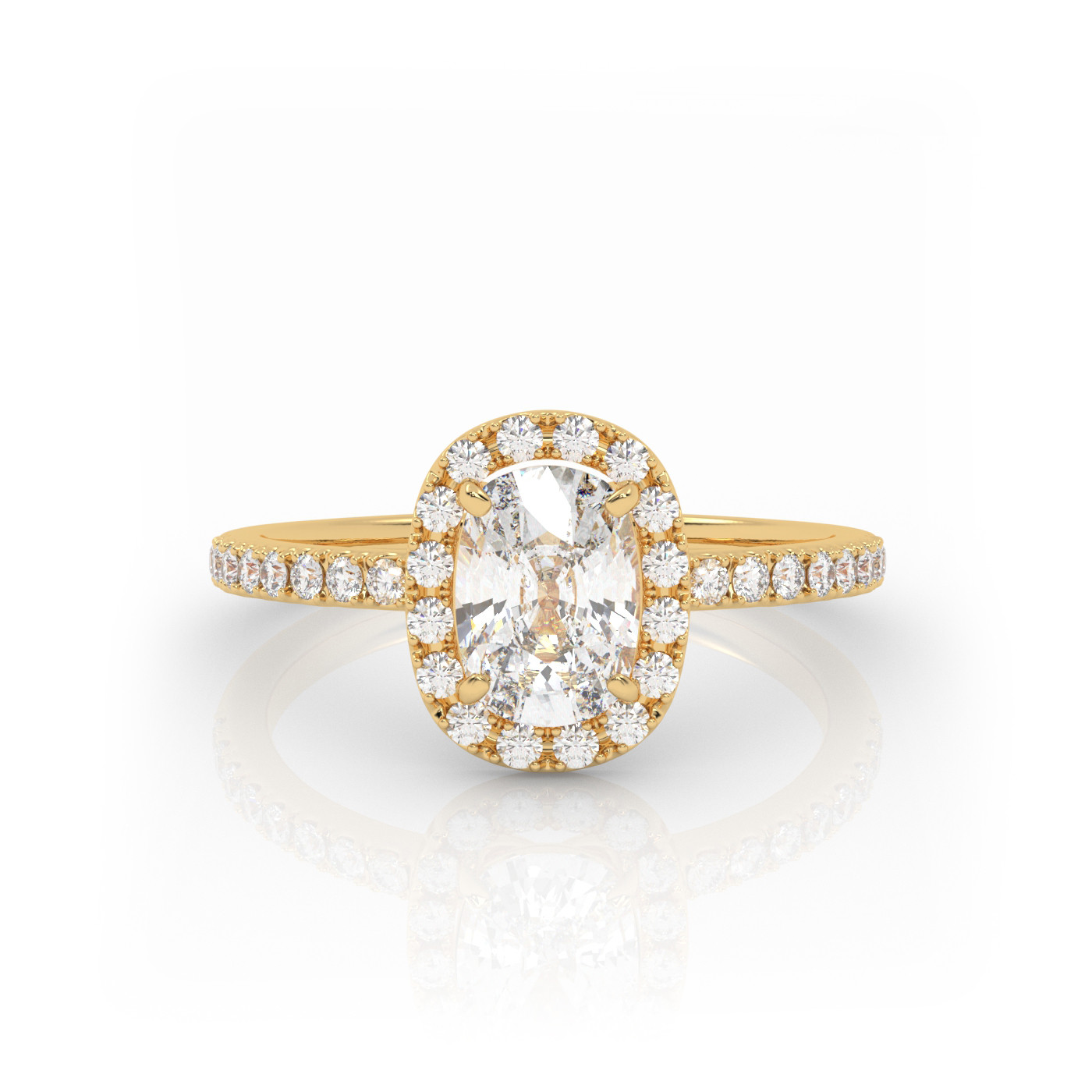 18K YELLOW GOLD Elongated Cushion Diamond Engagement Ring With Pave and Halo Style