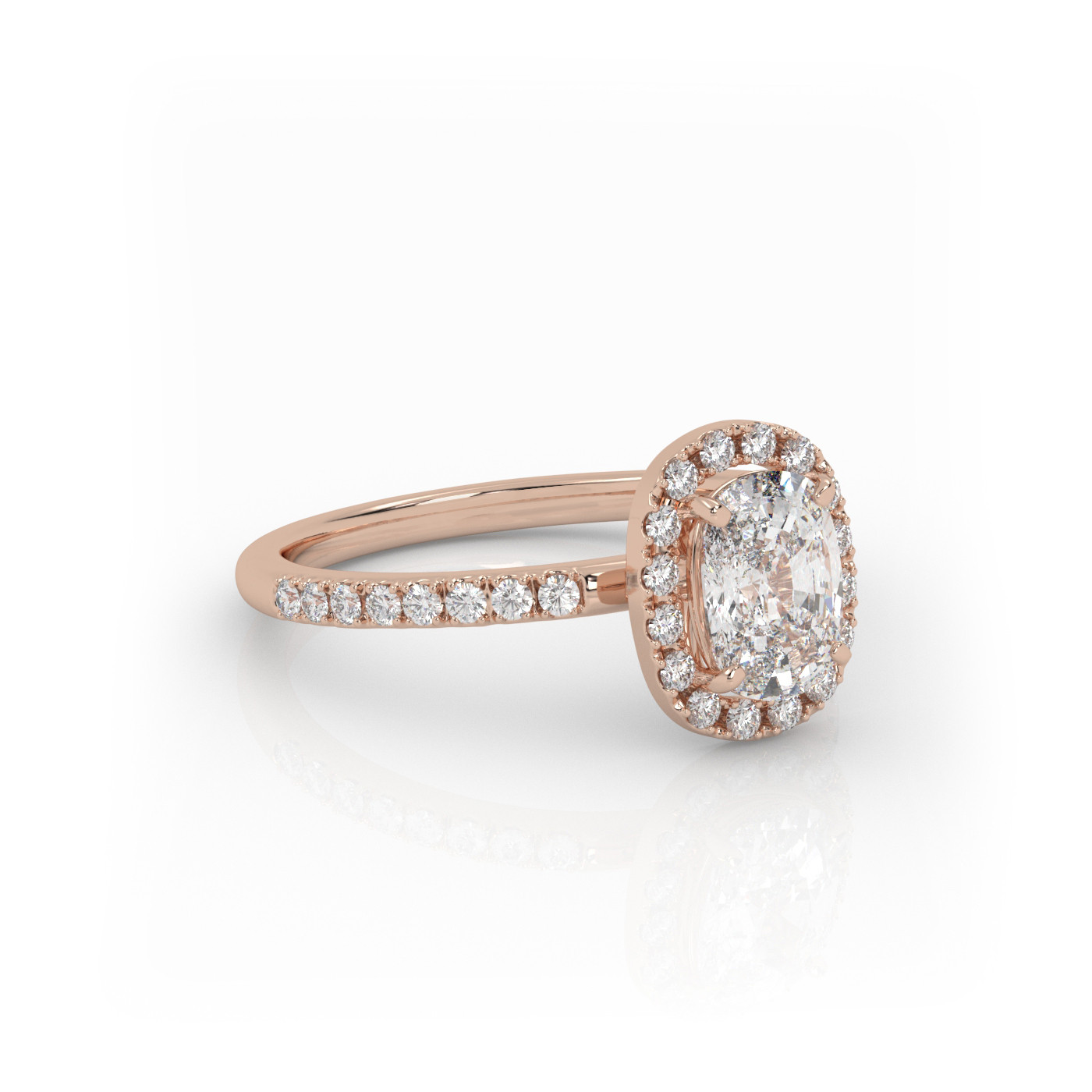 18K ROSE GOLD Elongated Cushion Diamond Engagement Ring With Pave and Halo Style