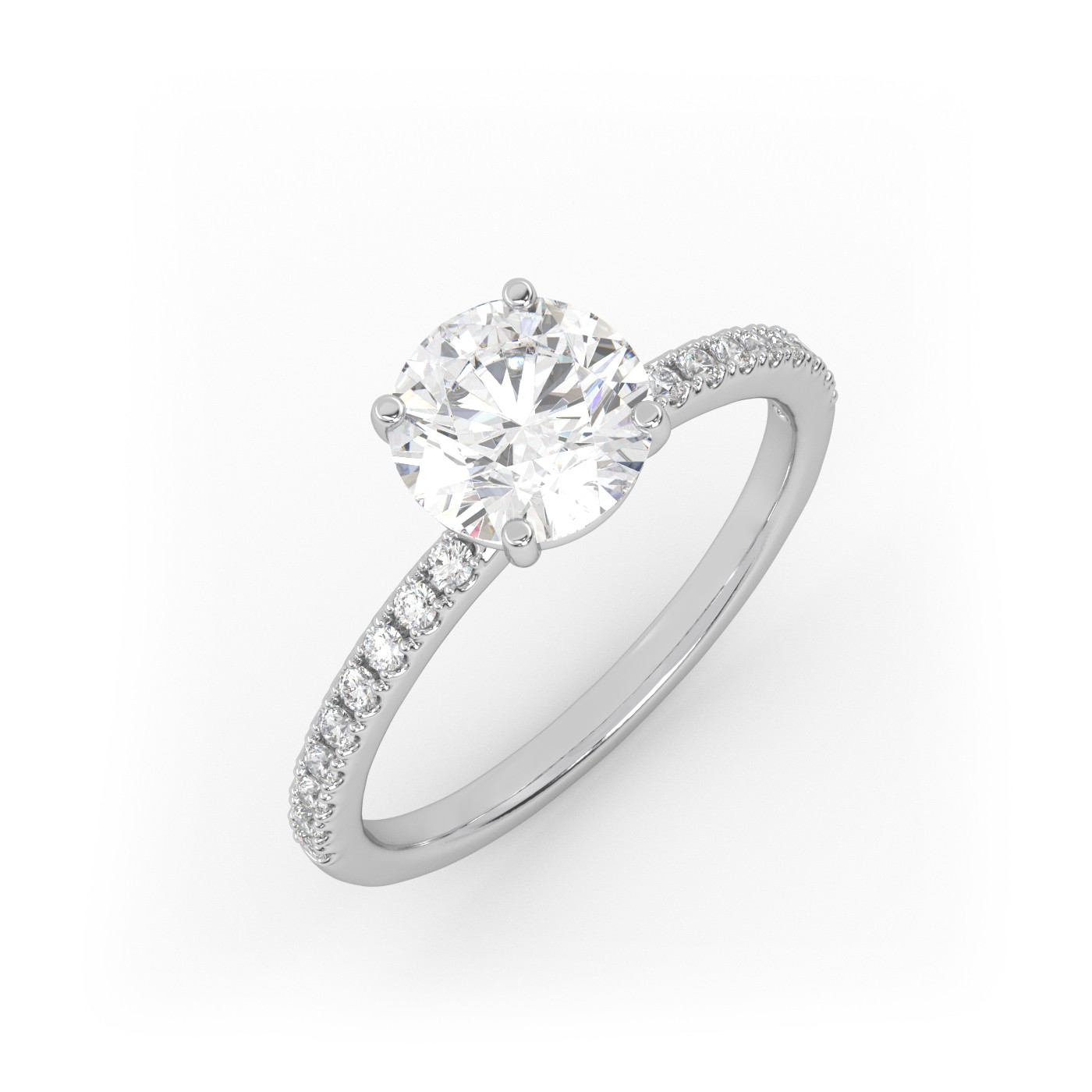 18K WHITE GOLD Round Diamond Cut Solitaire Engagement Ring with Pave Band