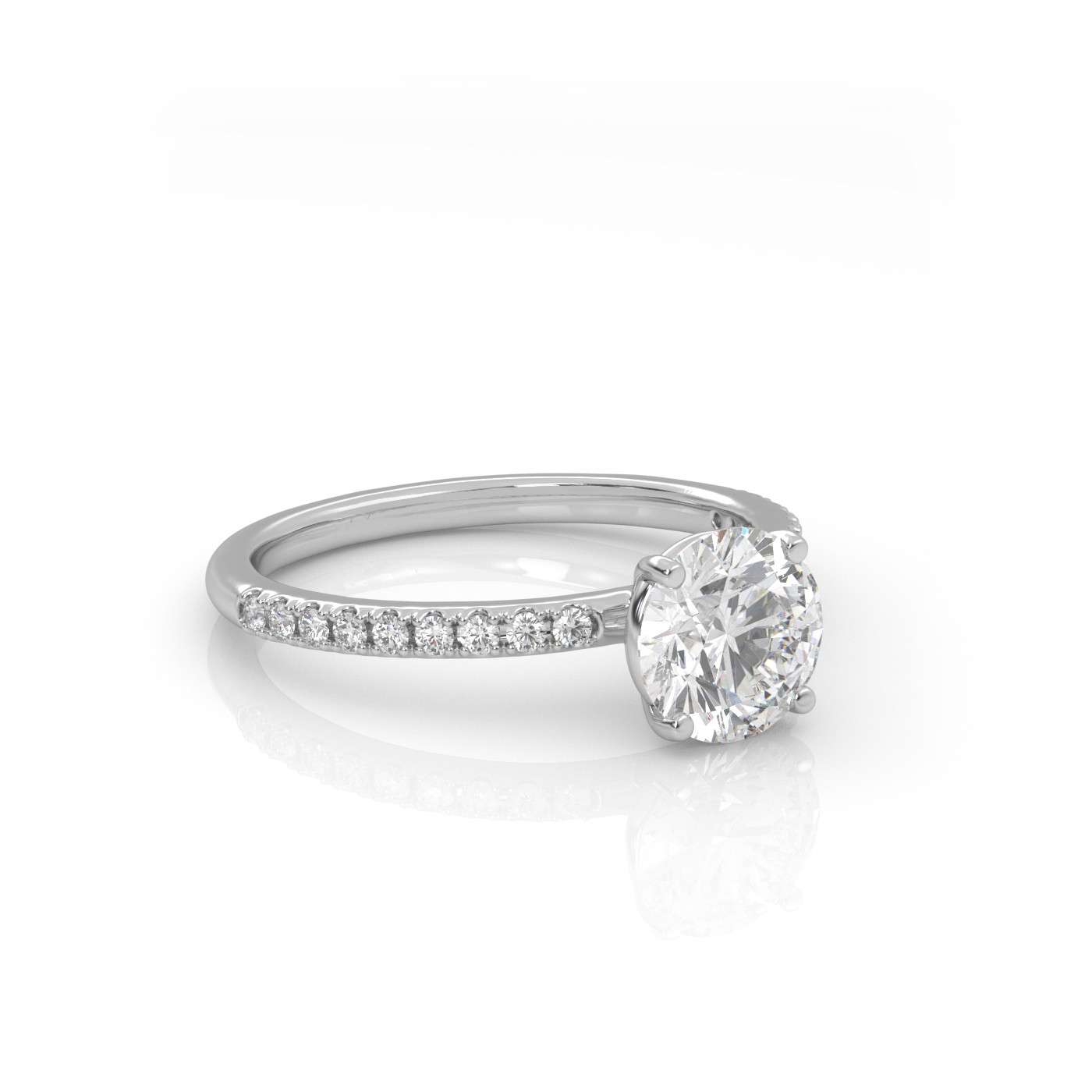 18K WHITE GOLD Round Diamond Cut Solitaire Engagement Ring with Pave Band