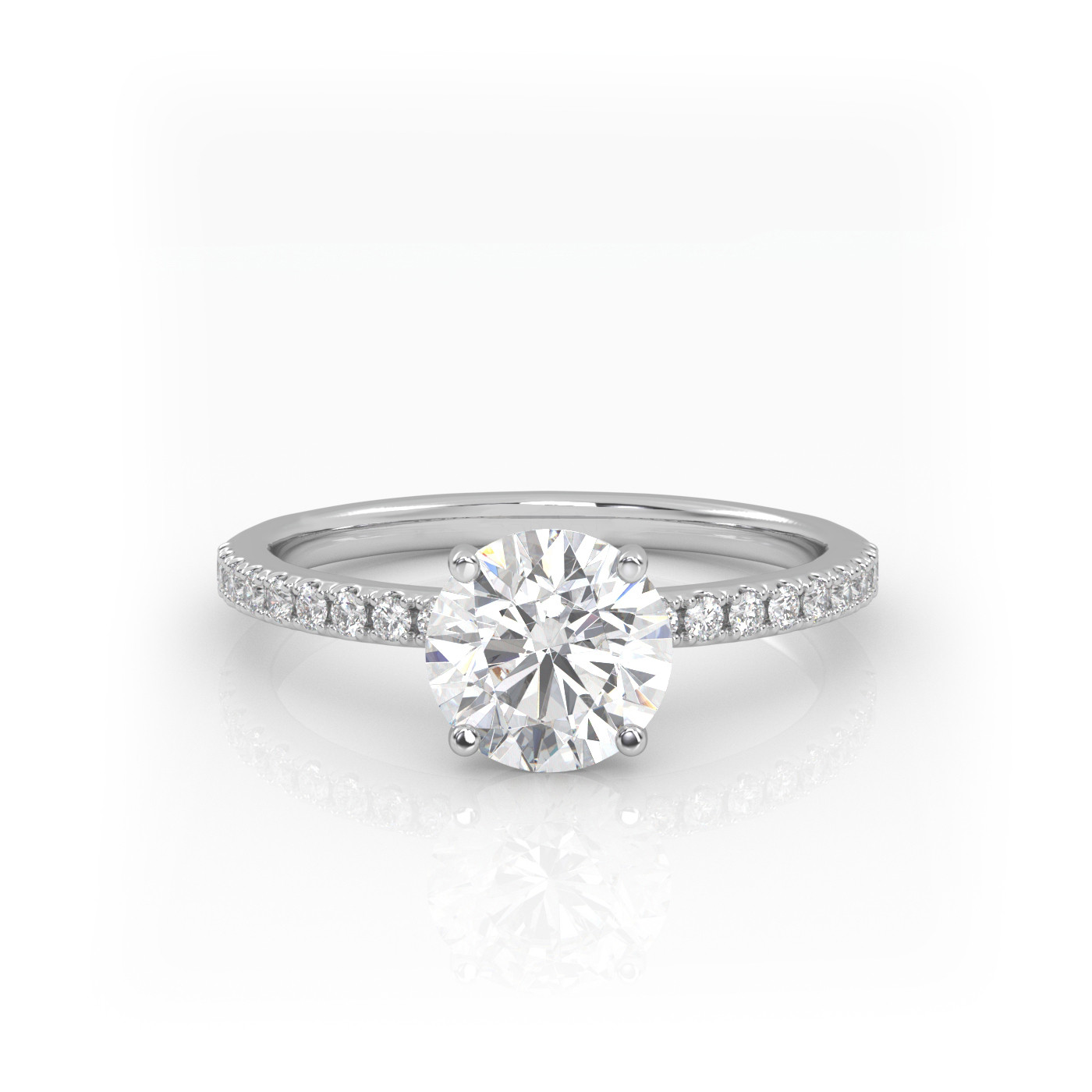 18K WHITE GOLD Round Diamond Cut Solitaire Engagement Ring with Pave Band