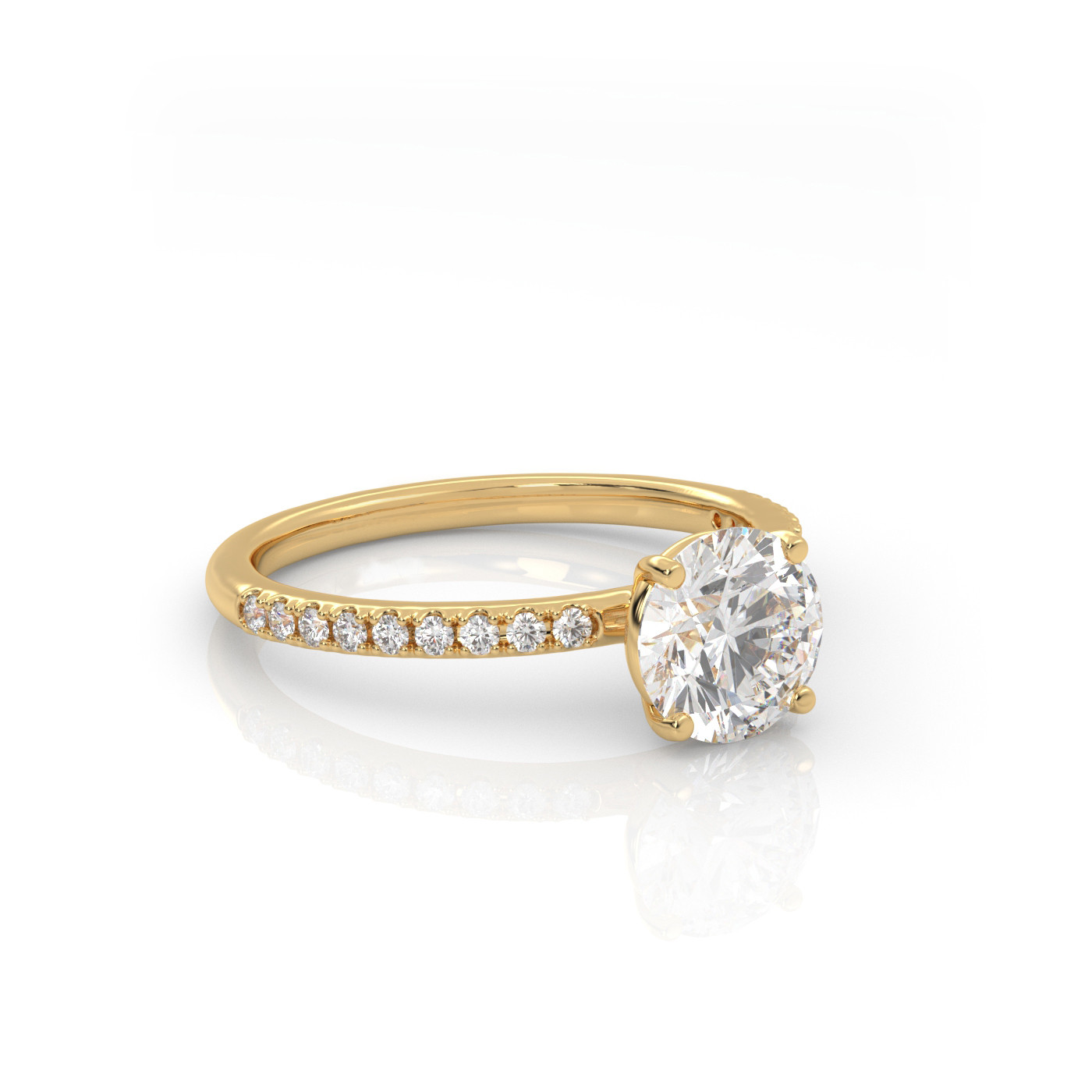 18K YELLOW GOLD Round Diamond Cut Solitaire Engagement Ring with Pave Band