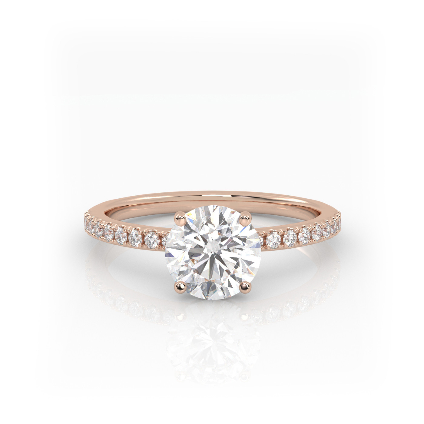 18K ROSE GOLD Round Diamond Cut Solitaire Engagement Ring with Pave Band