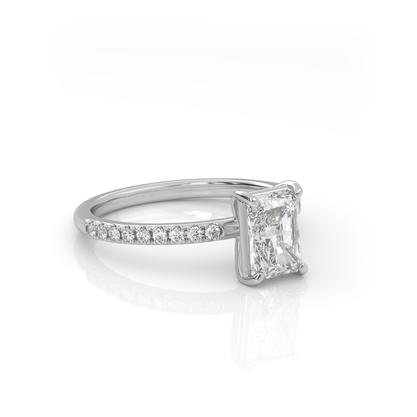 18K WHITE GOLD Radiant Diamond Cut Solitaire Engagement Ring with Pave Band.