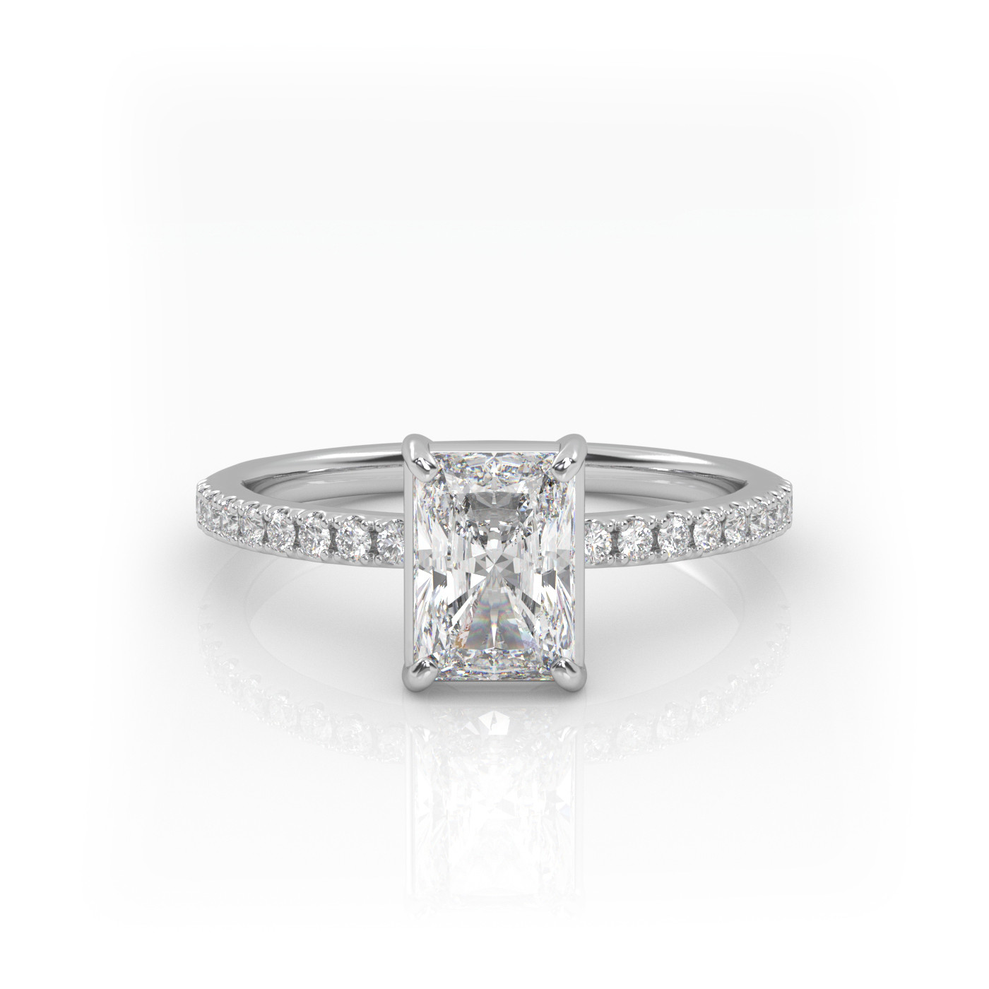 18K WHITE GOLD Radiant Diamond Cut Solitaire Engagement Ring with Pave Band.