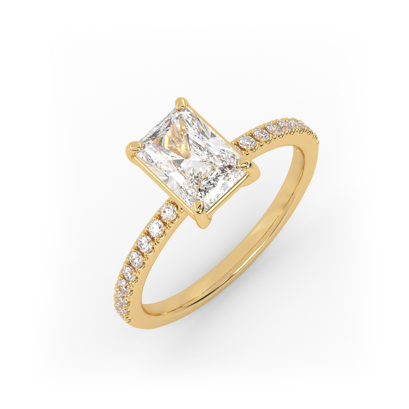 18K YELLOW GOLD Radiant Diamond Cut Solitaire Engagement Ring with Pave Band.
