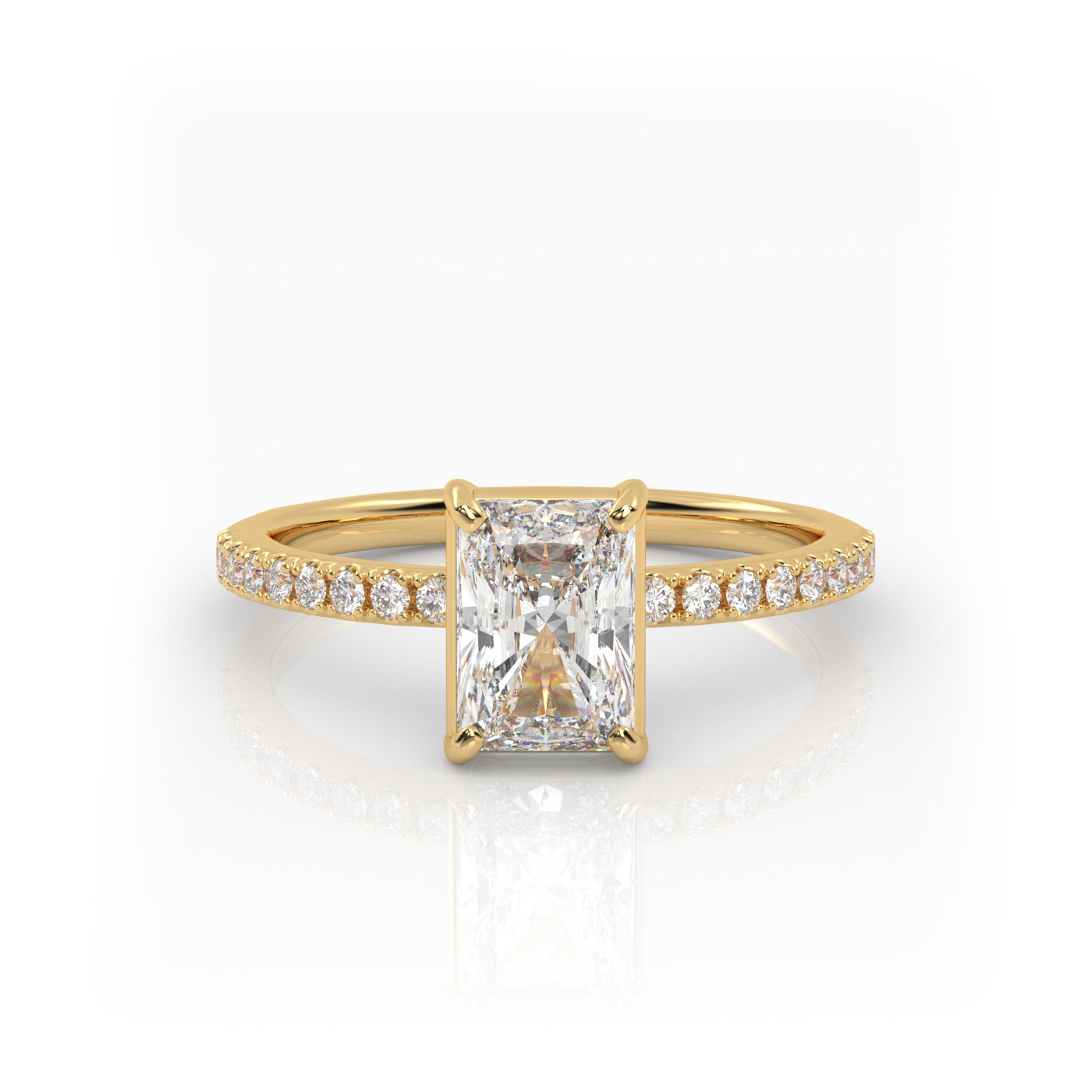 18K YELLOW GOLD Radiant Diamond Cut Solitaire Engagement Ring with Pave Band.