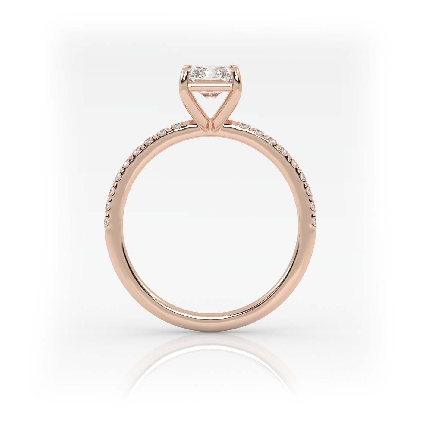 18K ROSE GOLD Radiant Diamond Cut Solitaire Engagement Ring with Pave Band.