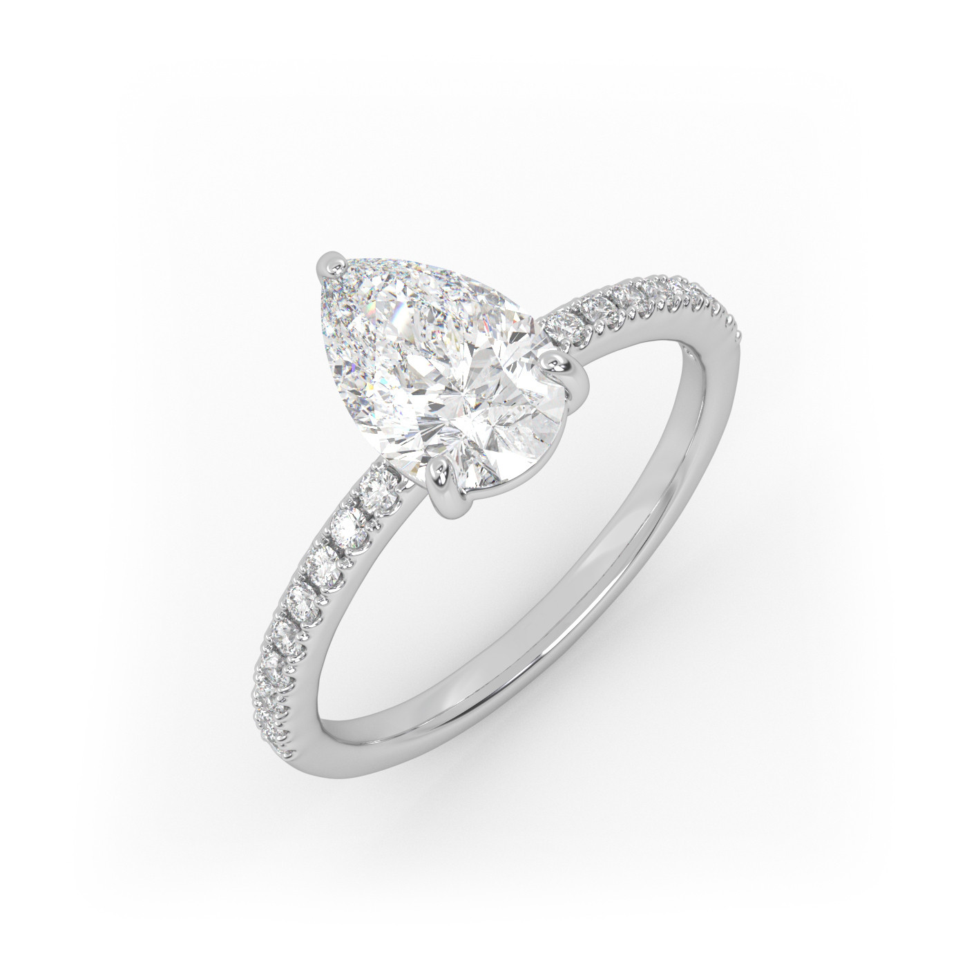 18K WHITE GOLD Pear Diamond Cut Solitaire Engagement Ring with Pave Band