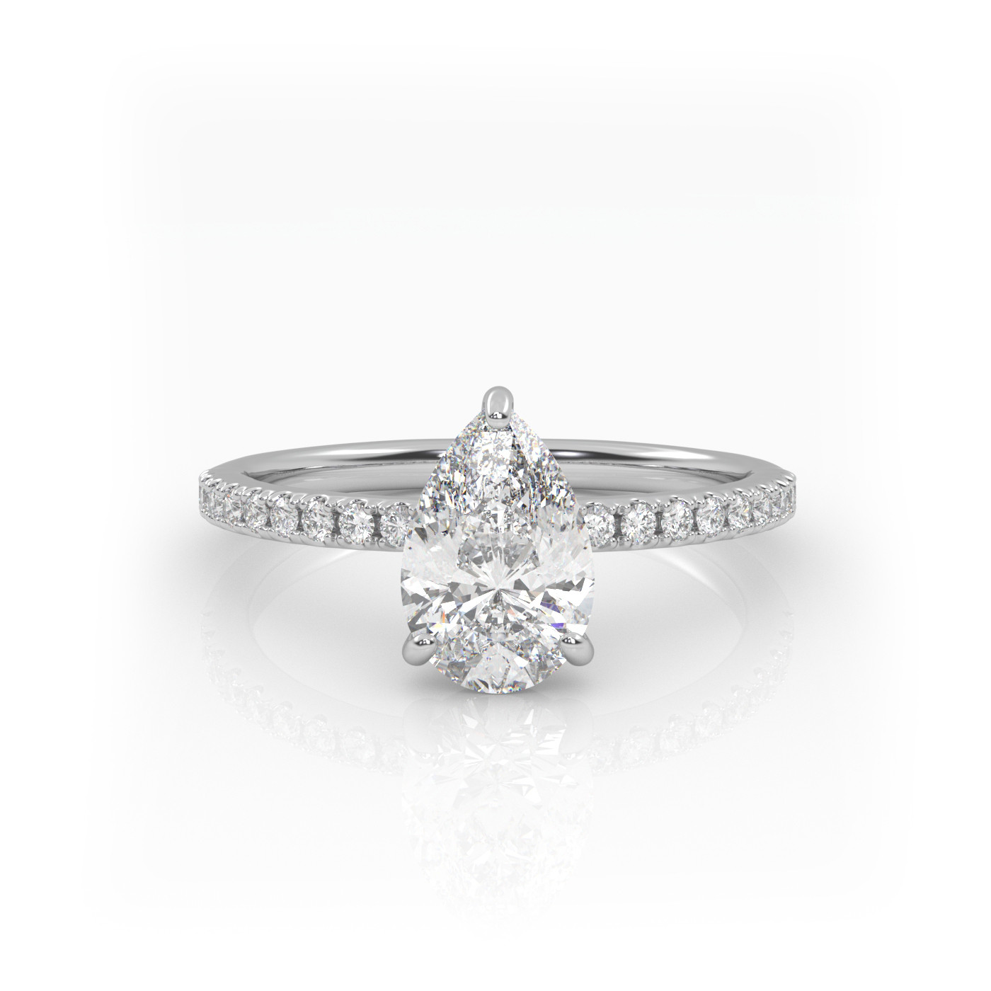 18K WHITE GOLD Pear Diamond Cut Solitaire Engagement Ring with Pave Band