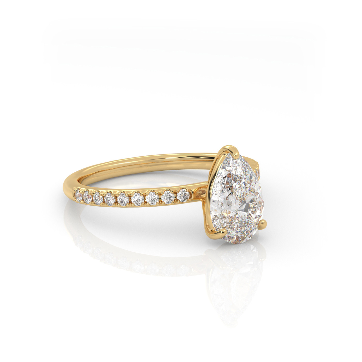 18K YELLOW GOLD Pear Diamond Cut Solitaire Engagement Ring with Pave Band