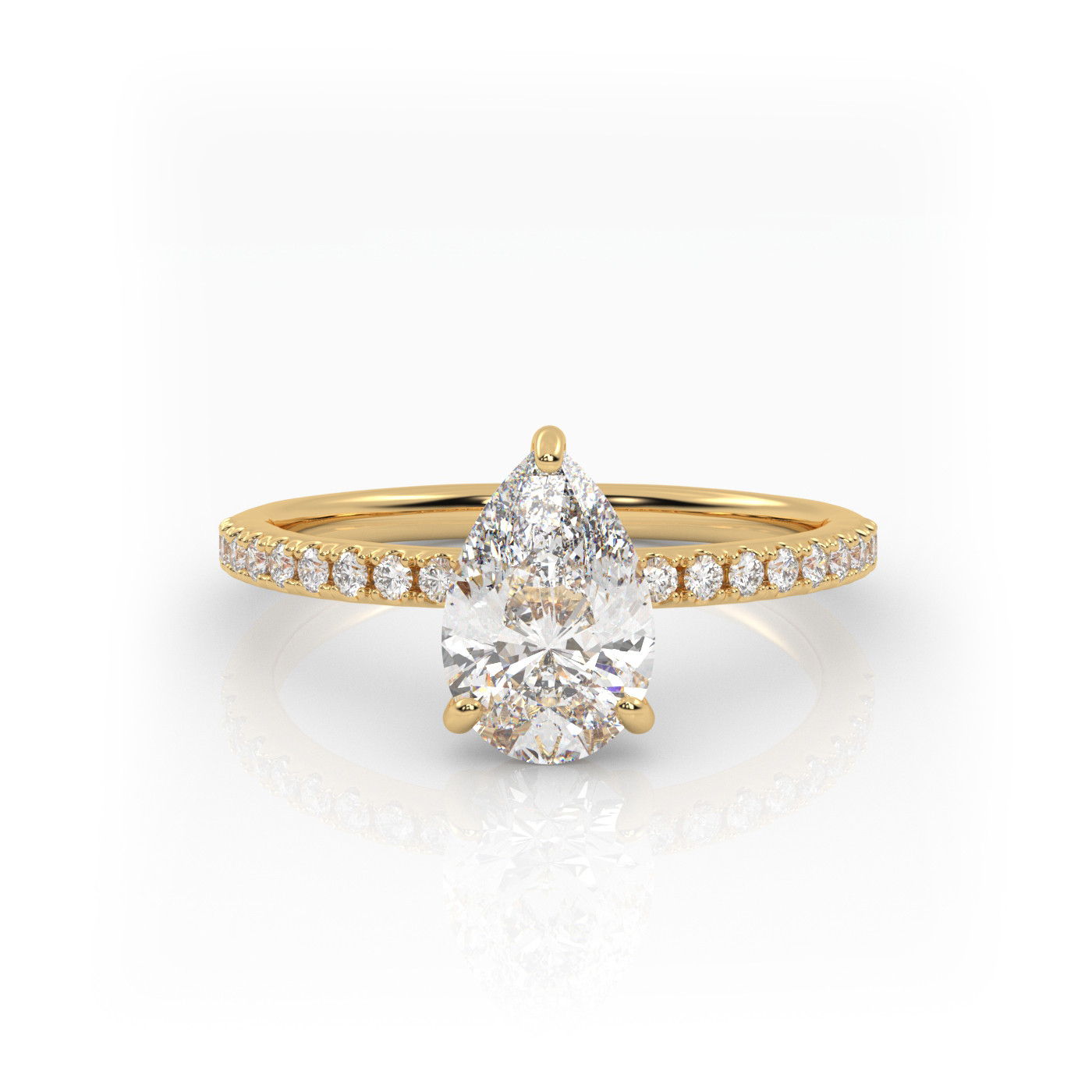 18K YELLOW GOLD Pear Diamond Cut Solitaire Engagement Ring with Pave Band