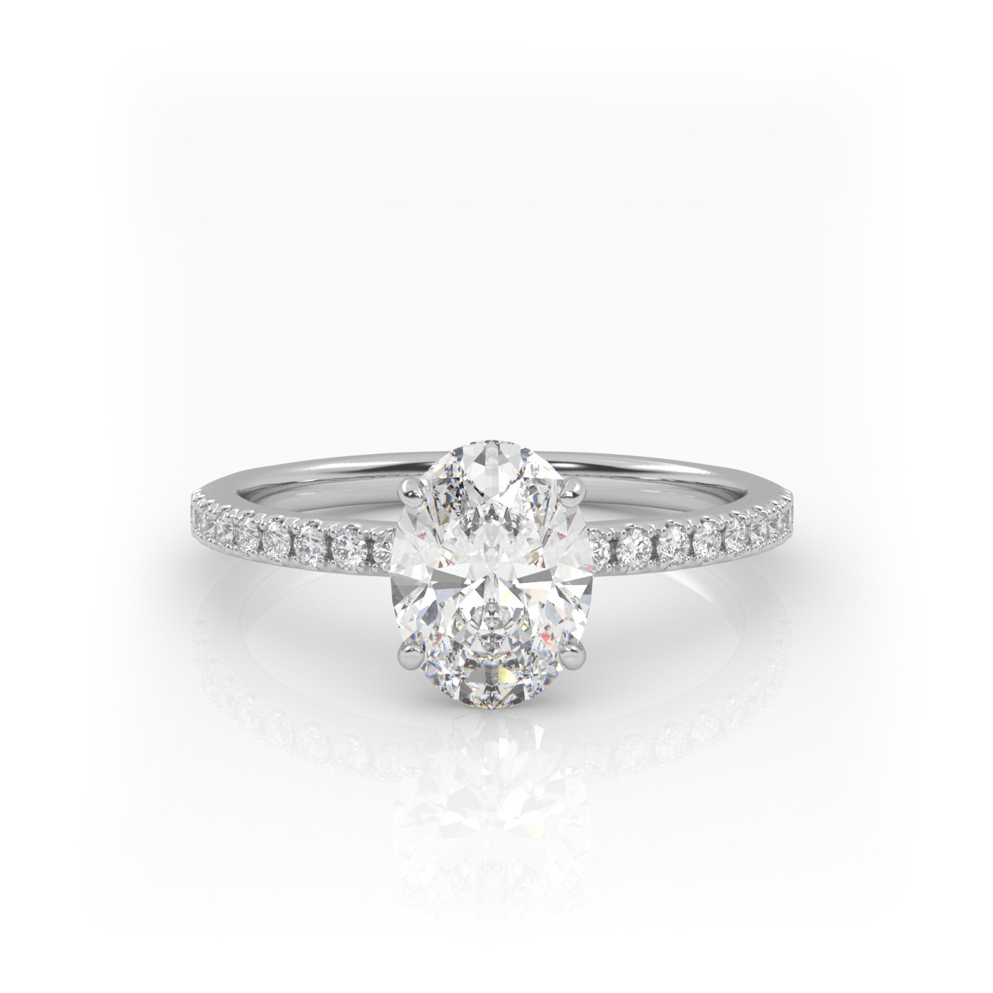 18K WHITE GOLD Oval Diamond Cut Solitaire Engagement Ring with Pave Band