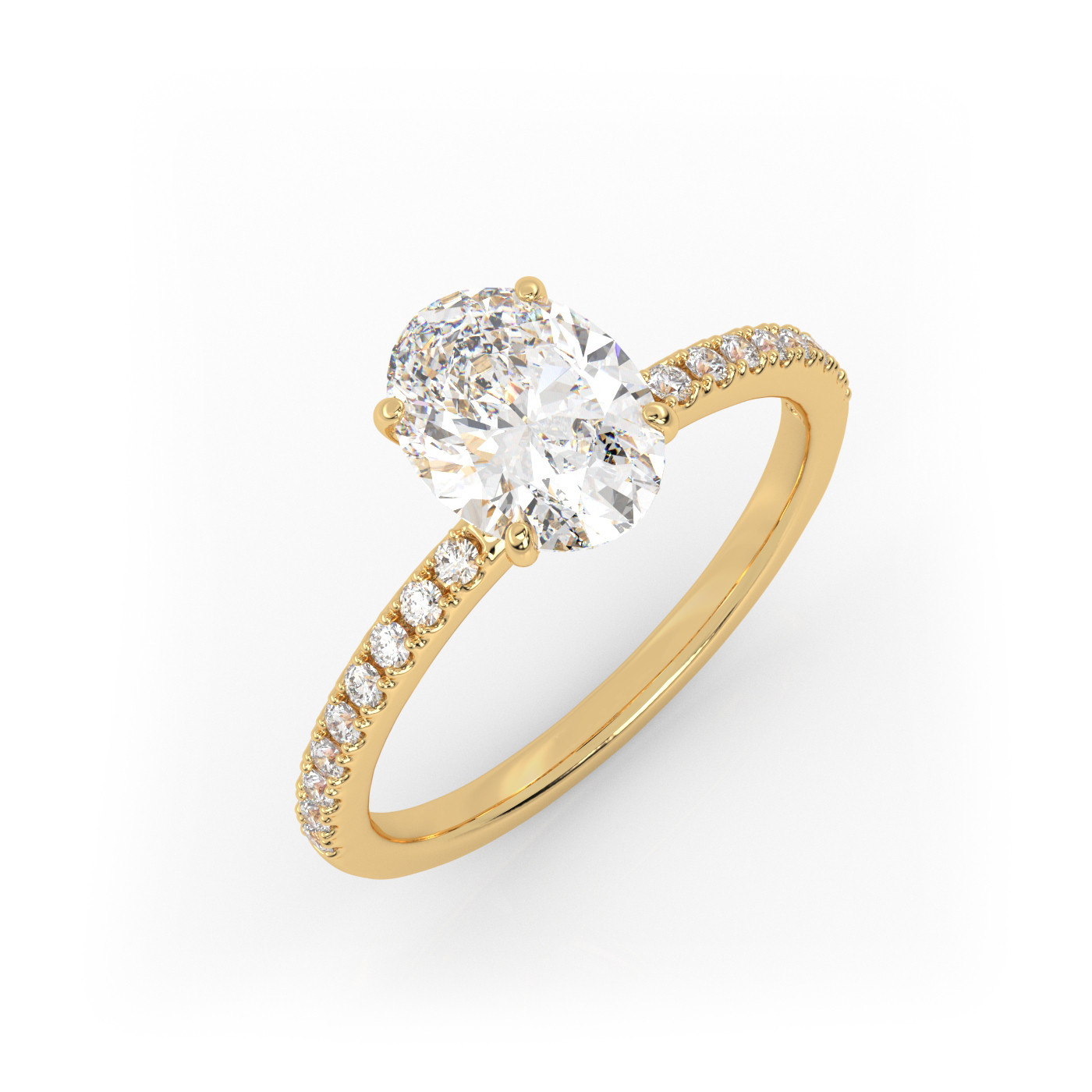18K YELLOW GOLD Oval Diamond Cut Solitaire Engagement Ring with Pave Band