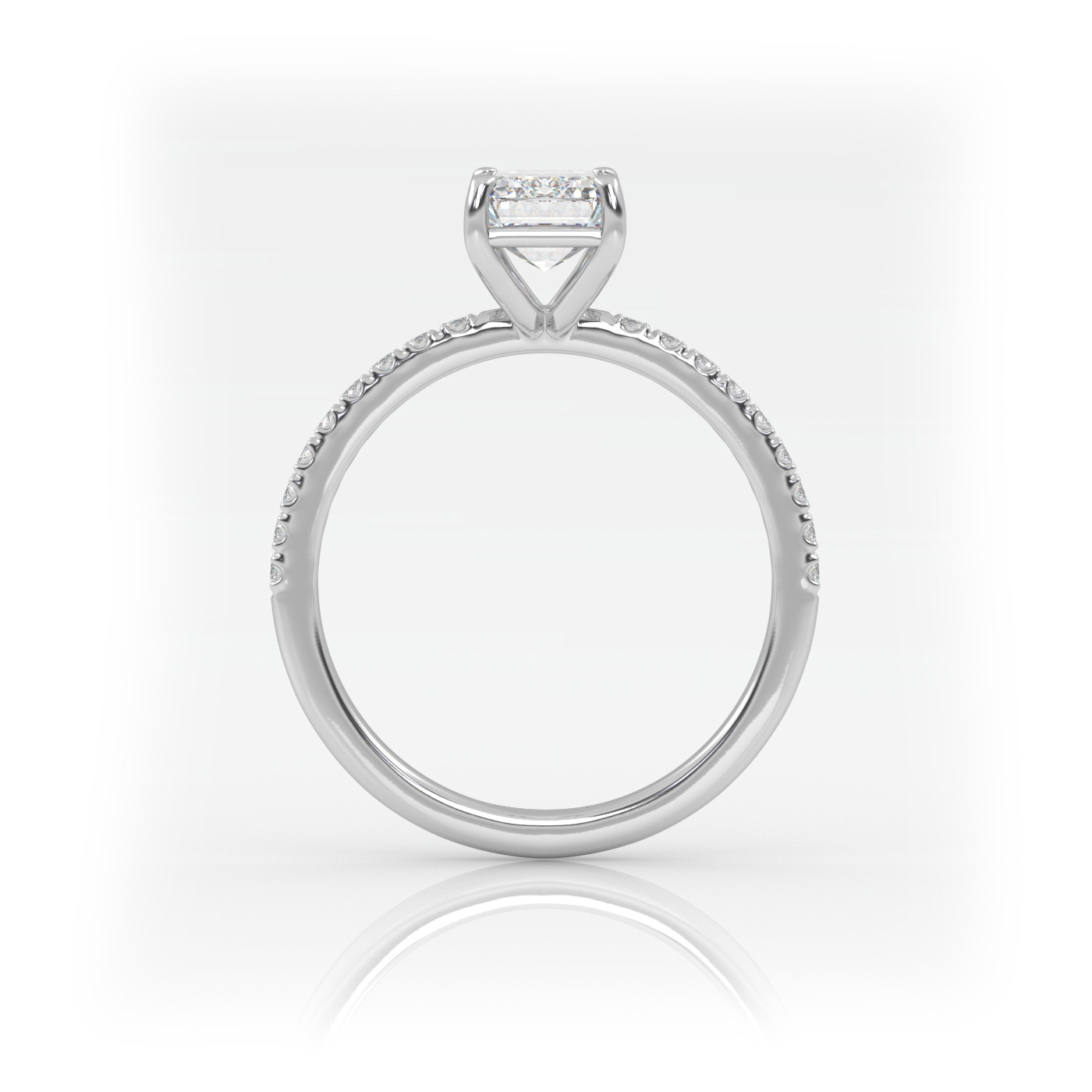18K WHITE GOLD Emerald Diamond Cut Solitaire Engagement Ring with Pave Band