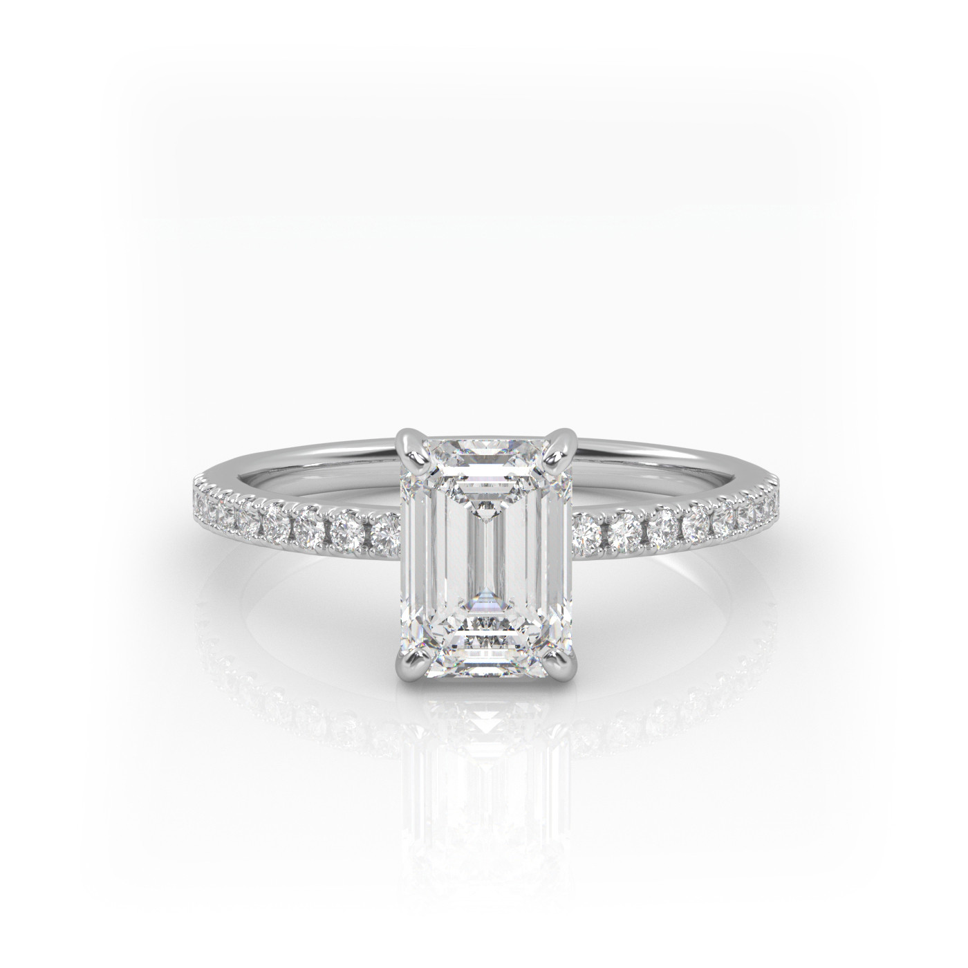18K WHITE GOLD Emerald Diamond Cut Solitaire Engagement Ring with Pave Band