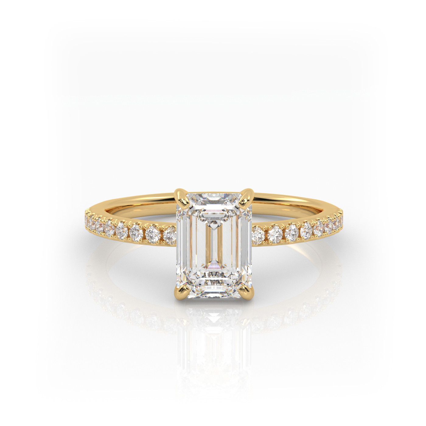 18K YELLOW GOLD Emerald Diamond Cut Solitaire Engagement Ring with Pave Band