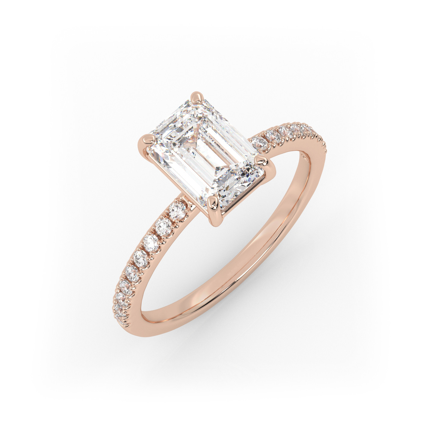 18K ROSE GOLD Emerald Diamond Cut Solitaire Engagement Ring with Pave Band