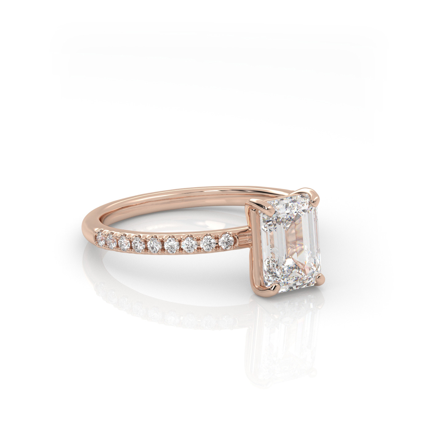 18K ROSE GOLD Emerald Diamond Cut Solitaire Engagement Ring with Pave Band