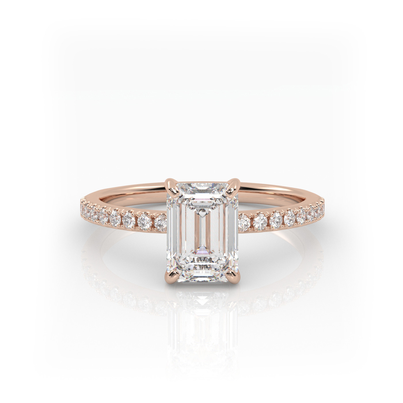 18K ROSE GOLD Emerald Diamond Cut Solitaire Engagement Ring with Pave Band