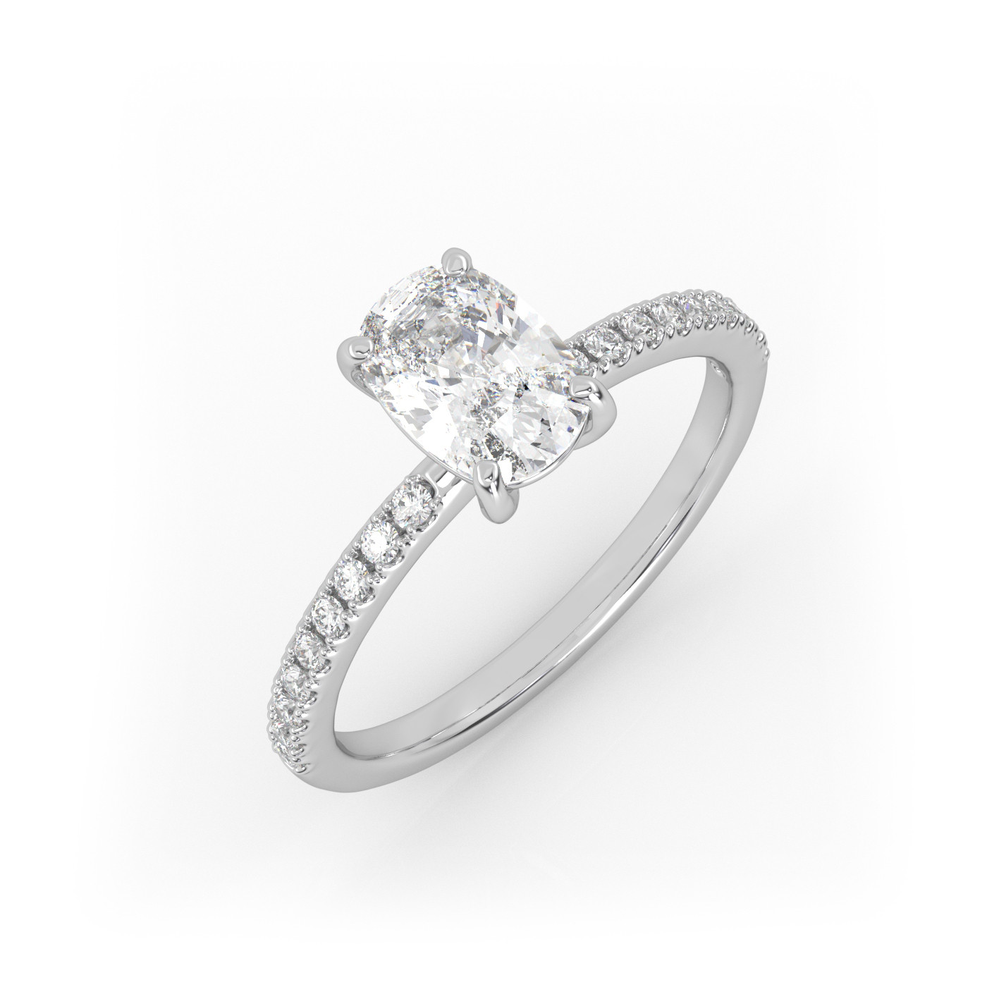 18K WHITE GOLD Elongated Cushion Cut Solitaire Engagement Ring with Pave Band