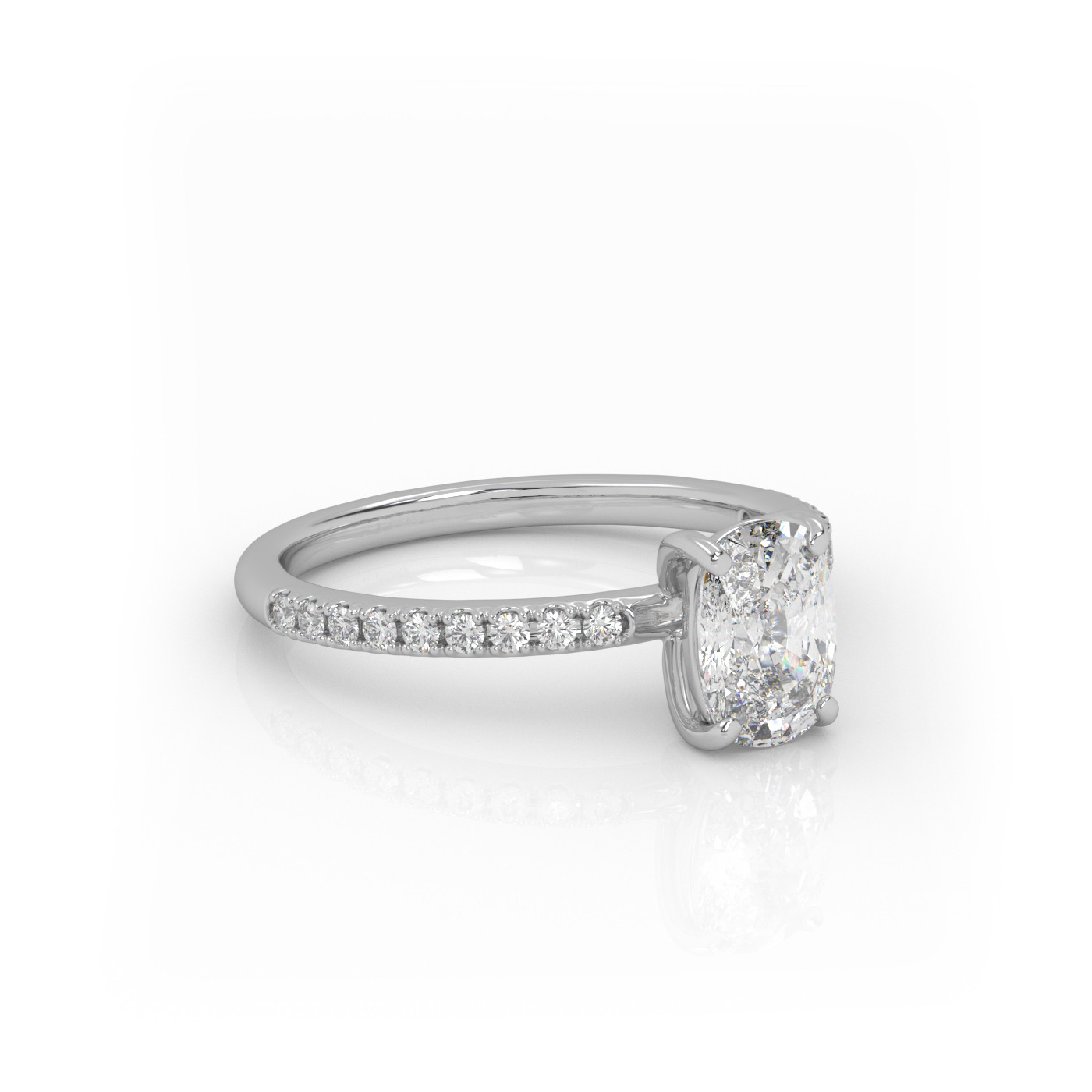 18K WHITE GOLD Elongated Cushion Cut Solitaire Engagement Ring with Pave Band