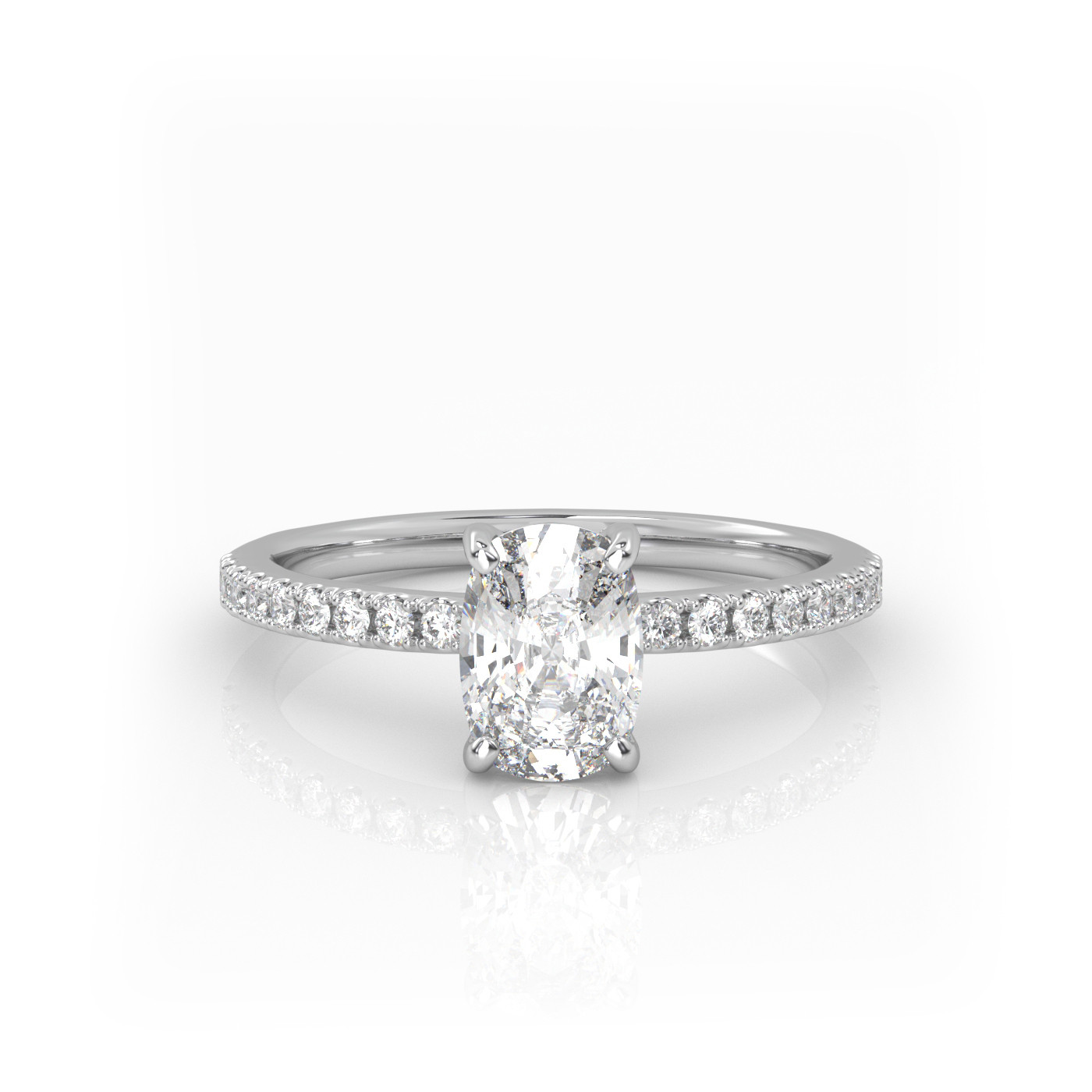 18K WHITE GOLD Elongated Cushion Cut Solitaire Engagement Ring with Pave Band