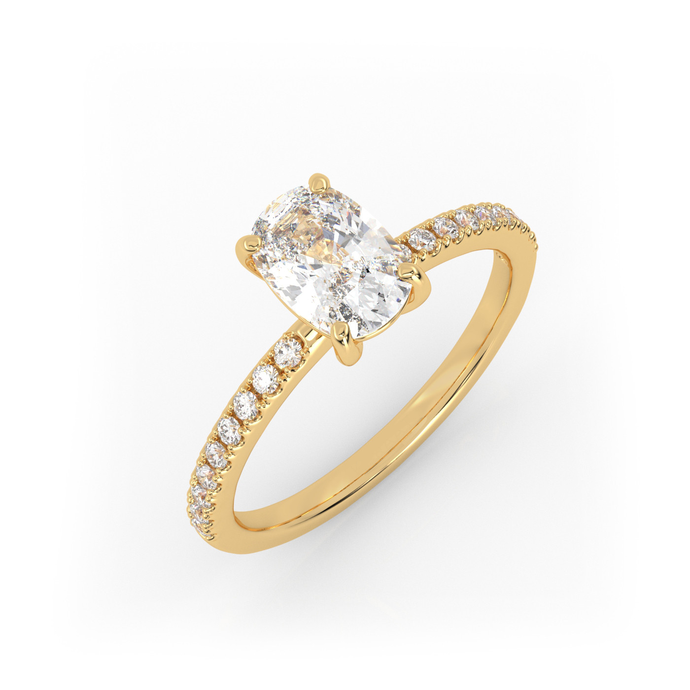 18K YELLOW GOLD Elongated Cushion Cut Solitaire Engagement Ring with Pave Band