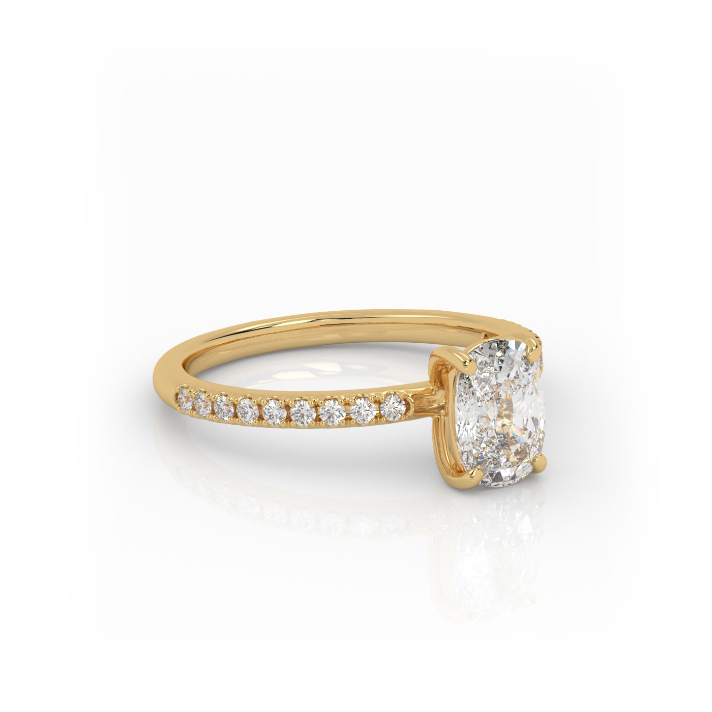 18K YELLOW GOLD Elongated Cushion Cut Solitaire Engagement Ring with Pave Band