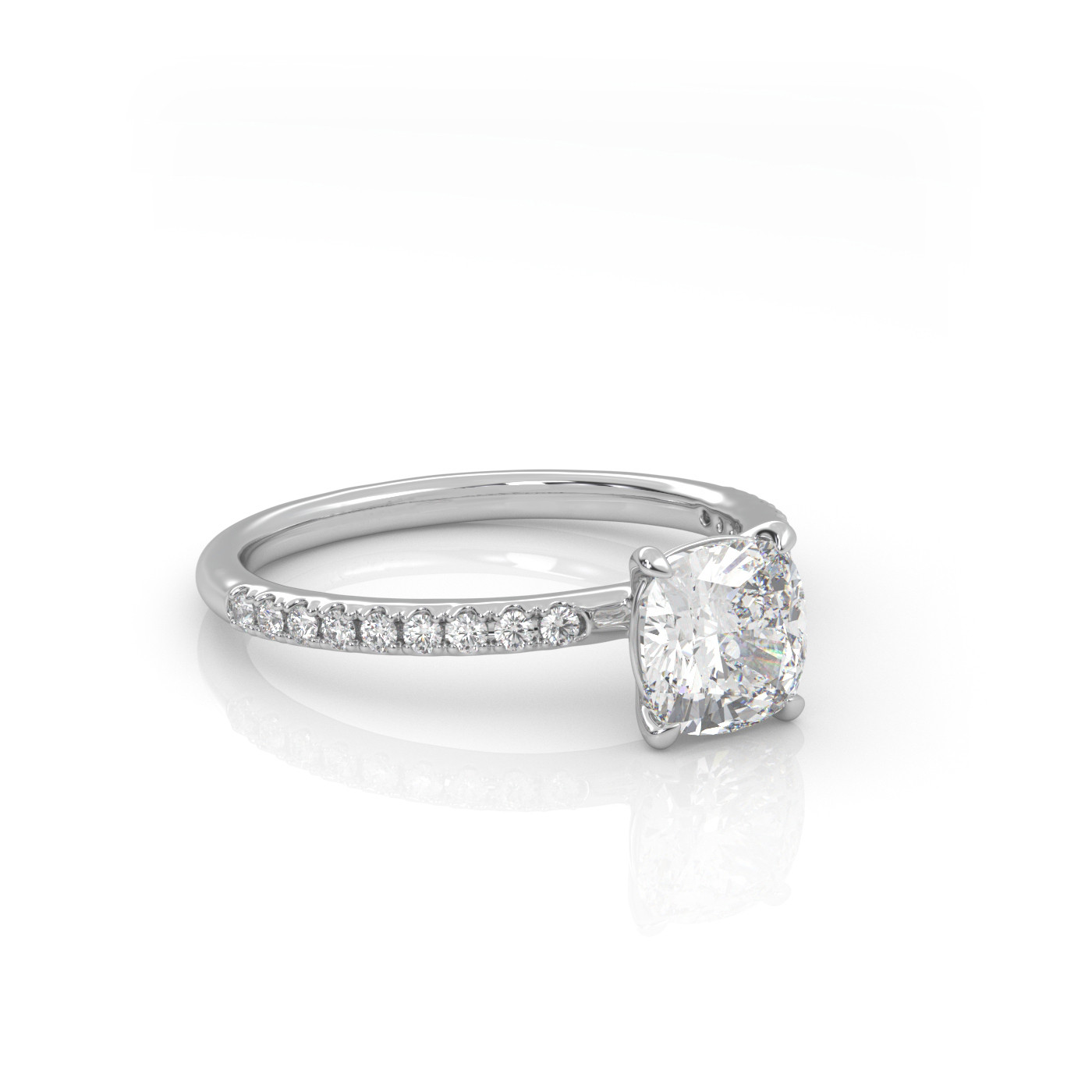 18K WHITE GOLD Cushion Cut Solitaire Engagement Ring with Pave Band