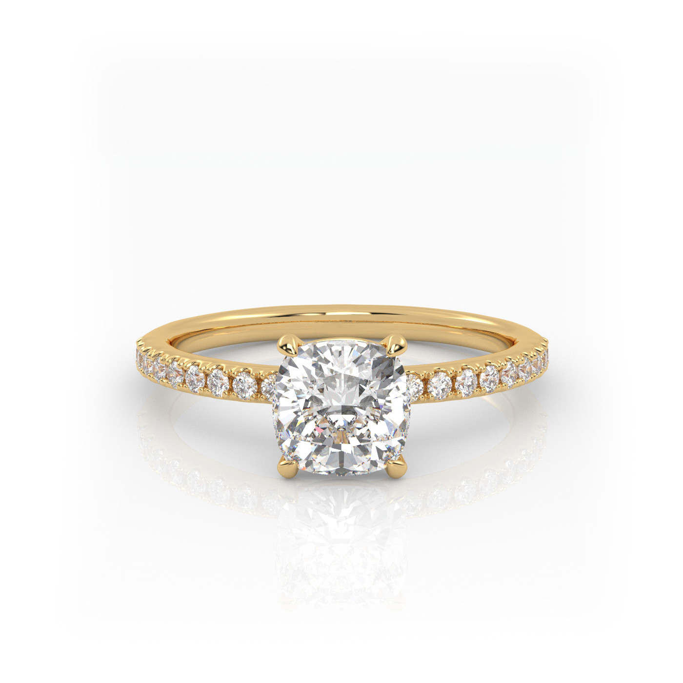 18K YELLOW GOLD Cushion Cut Solitaire Engagement Ring with Pave Band