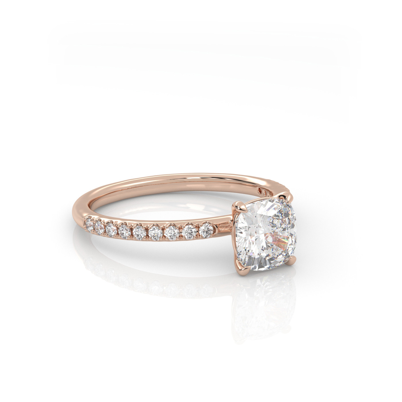 18K ROSE GOLD Cushion Cut Solitaire Engagement Ring with Pave Band