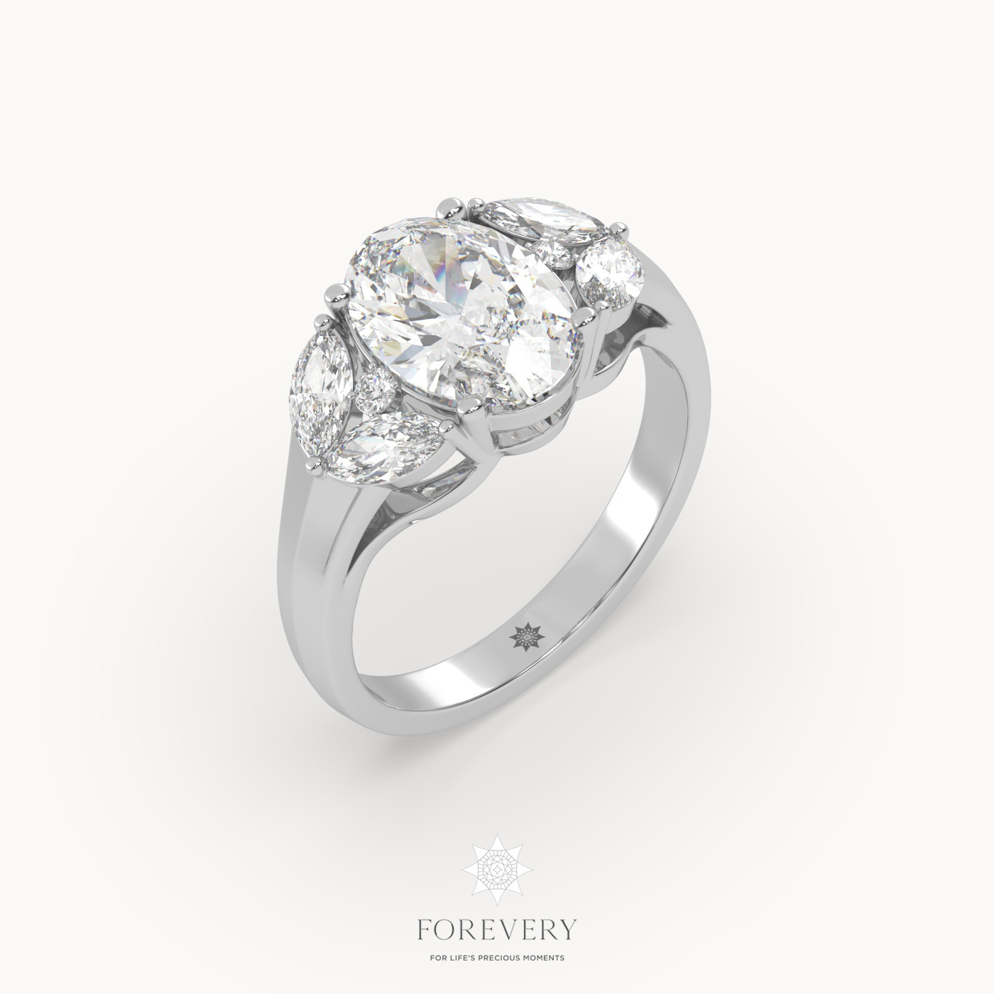 18K WHITE GOLD Oval Cut Designer 3 Row Diamond Engagament Ring